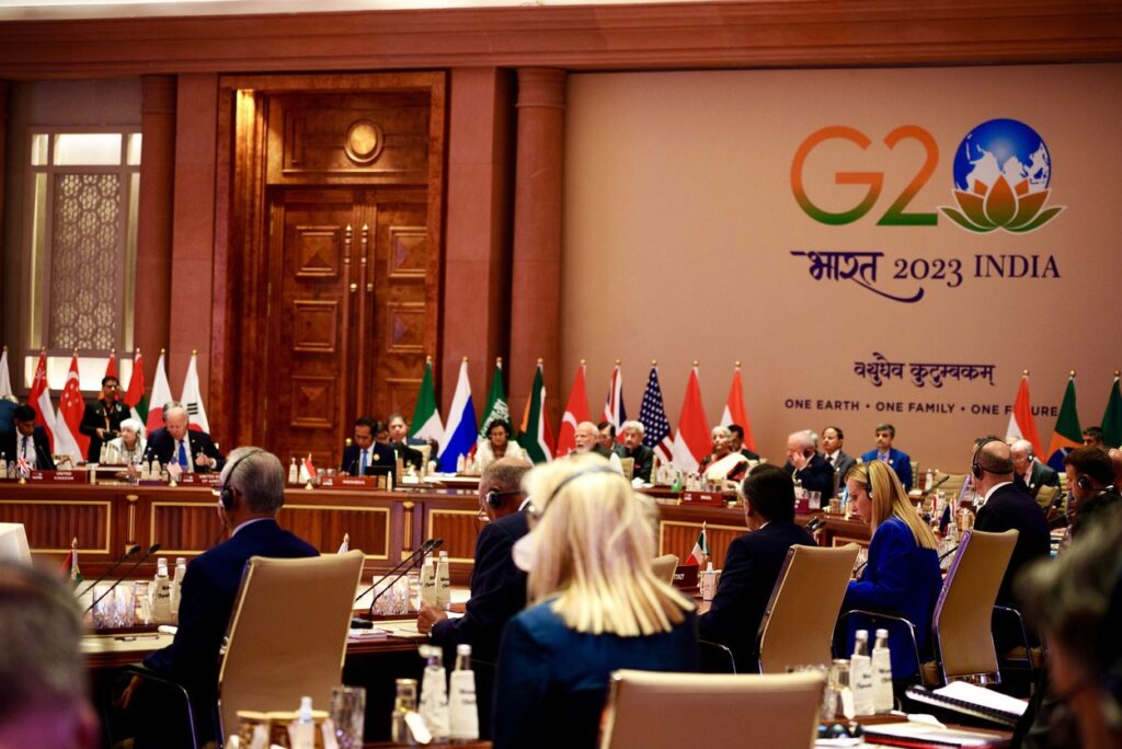 EDITORIAL USE ONLY - Italian President of the Council of Ministers, Giorgia Meloni, attended the G20 Summit of Heads of State and Government in New Delhi on 9 and 10 September. On 8 September, President Meloni met with the Prime Minister of the United Kingdom, Rishi Sunak. On Saturday, after attending the first plenary session, she took part in the meeting between European Union countries and African Union countries and, later, in the second plenary session. President Meloni then addressed the Partnership for Global Infrastructure and Investment and India-Middle East-Europe Economic Corridor event and the launch of the Global Biofuels Alliance. In the margins of the Summit, President Meloni had bilateral meetings with the Prime Minister of the People's Republic of China, Li Qiang, and with the Prime Minister of India, Narendra Modi.Today, before attending the third and final working session, the G20 leaders paid tribute at the Raj Ghat memorial to Mahatma Gandhi. President Meloni then met with the President of the Republic of Indonesia, Joko Widodo, and with the President of the Republic of Korea, Yoon Suk Yeol, and later held a press conference.Photo by Italian Prime Minister apaimages Italian President of the Council of Ministers, Giorgia Meloni, attended the G20 Summit, NEW DELHI, India - 10 Sep 2023,Image: 804429574, License: Rights-managed, Restrictions: , Model Release: no