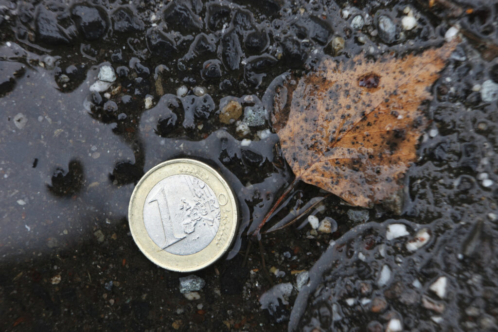 evro, kovanec, luža, cesta, denar, izgubljeno