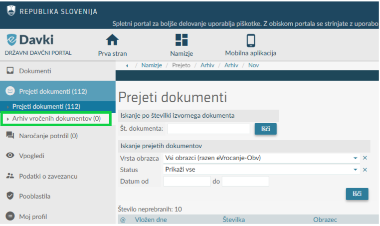 Furs, eDavki, arhiv vročenih dokumentov